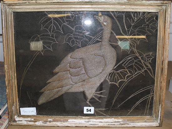 Pair Oriental silver thread embroideries of birds